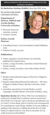 Dr Racheline Barda Australian Honour Sindneys Jewish Community Reward for Life Achievement 2022